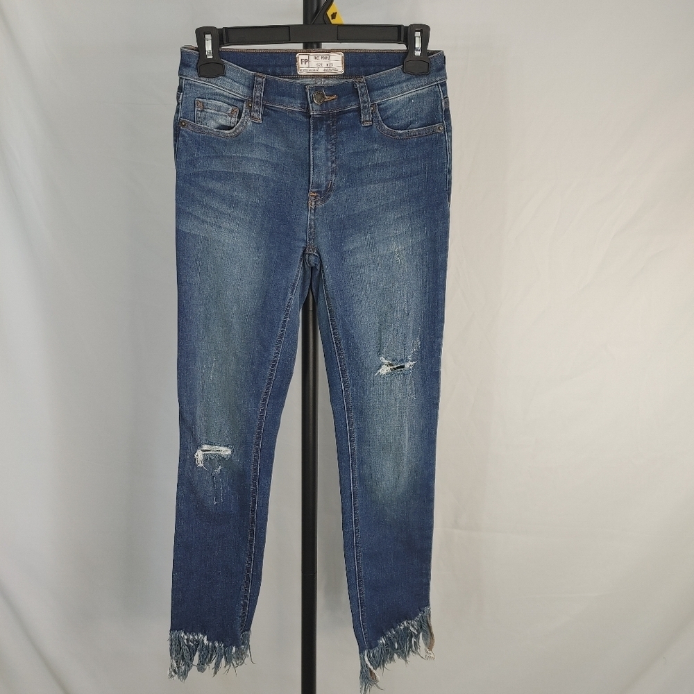 Free People Distressed Skinny Jeans Raw Fray Hem Women Size 25 Boho Stretch